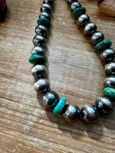 Load image into Gallery viewer, 14mm Sterling Silver Pearls with 16mm Green Turquoise Rondelles – 28.5"