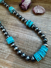 Load image into Gallery viewer, NFR Collection Necklace – 35 inch long 8mm & 14mm Sterling Silver Pearls with 20mm Turquoise Rondelle