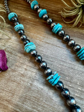 Load image into Gallery viewer, NFR Collection Necklace – 35 inch long 8mm & 14mm Sterling Silver Pearls with 20mm Turquoise Rondelle