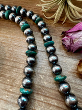 Load image into Gallery viewer, 14mm Sterling Silver Pearls with 16mm Green Turquoise Rondelles – 28.5"