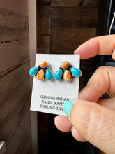Load image into Gallery viewer, Stud Earrings – Orange Spiny & Turquoise (Stamped)