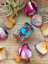 Load image into Gallery viewer, Coral & Turquoise Sterling Silver Cuff Bracelet – Stamped Errick