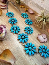 Load image into Gallery viewer, Sterling Silver Kingman Turquoise Flower Lariat Necklace – 25 Inch + 5½ Inch Drop – Native Made by A. Spencer – USA Made