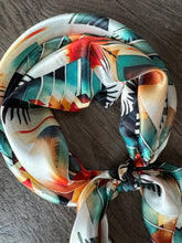 Load image into Gallery viewer, 100% Silk Wild Rag Aztec Native Orange Teal and White