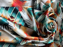 Load image into Gallery viewer, 100% Silk Wild Rag Aztec Native Orange Teal and White