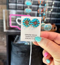 Load image into Gallery viewer, Blue Magnesite Turquoise &amp; Red Cluster Studs
