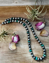 Load image into Gallery viewer, 14mm Sterling Silver Pearls with 16mm Green Turquoise Rondelles –  28.5"
