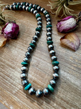 Load image into Gallery viewer, 14mm Sterling Silver Pearls with 16mm Green Turquoise Rondelles –  28.5"
