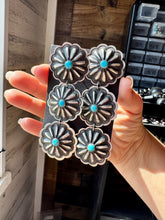 Load image into Gallery viewer, Triple Concho Dangle Earrings with Kingman Turquoise – Sterling Silver, Post Top
