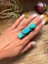 Load image into Gallery viewer, 3-Stone Sonoran Turquoise Sterling Silver Ring – Adjustable
