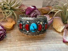Load image into Gallery viewer, Coral &amp; Turquoise Sterling Silver Cuff Bracelet – Stamped Errick
