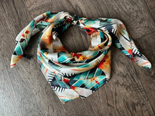 Load image into Gallery viewer, 100% Silk Wild Rag Aztec Native Orange Teal and White
