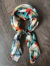 Load image into Gallery viewer, 100% Silk Wild Rag Aztec Native Orange Teal and White
