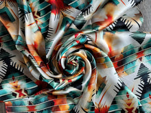 Load image into Gallery viewer, 100% Silk Wild Rag Aztec Native Orange Teal and White
